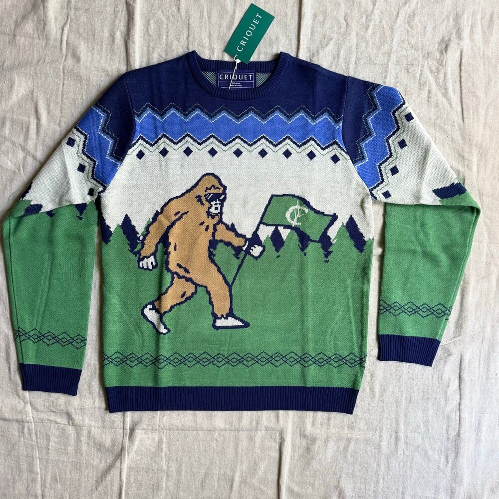 New Criquet Ugly Christmas Sweater Men's L Bigfoot Sasquatch Knit Fair Isle Xmas